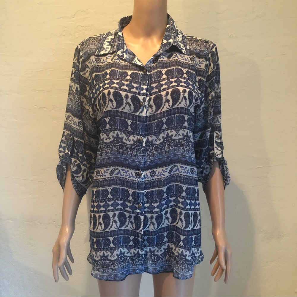 One World Women’s Size L White/Blue Paisley Floral Chiffon Blouse 3/4 Sleeves